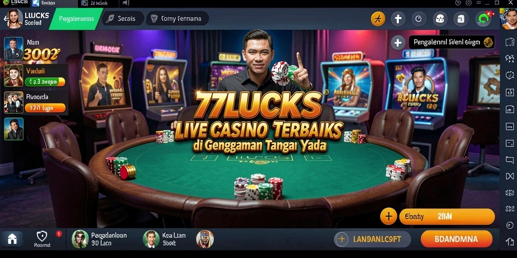 Tampilan gameplay langsung di 77LUCKS, menampilkan dealer profesional dan suasana kasino.
