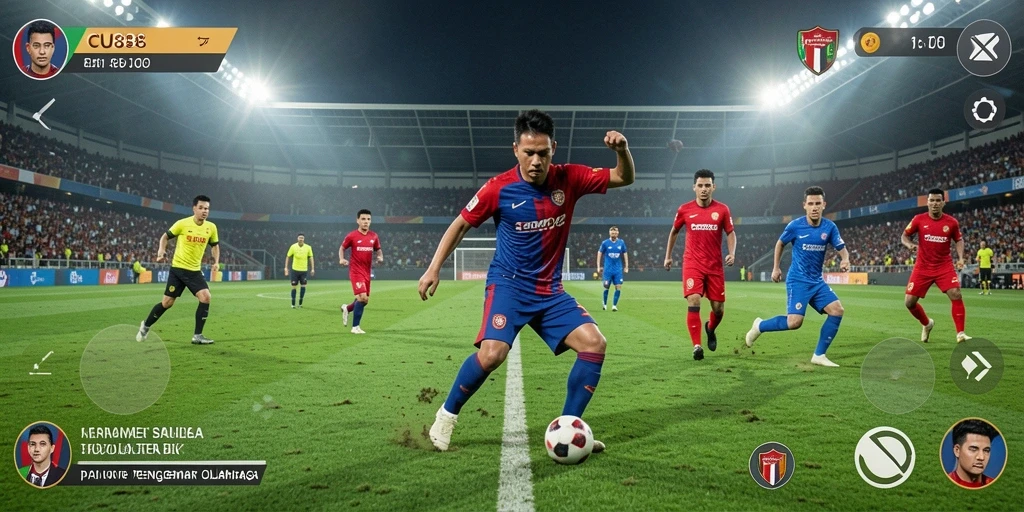 Screenshot CU888 menampilkan aksi mendebarkan di lapangan sepakbola.