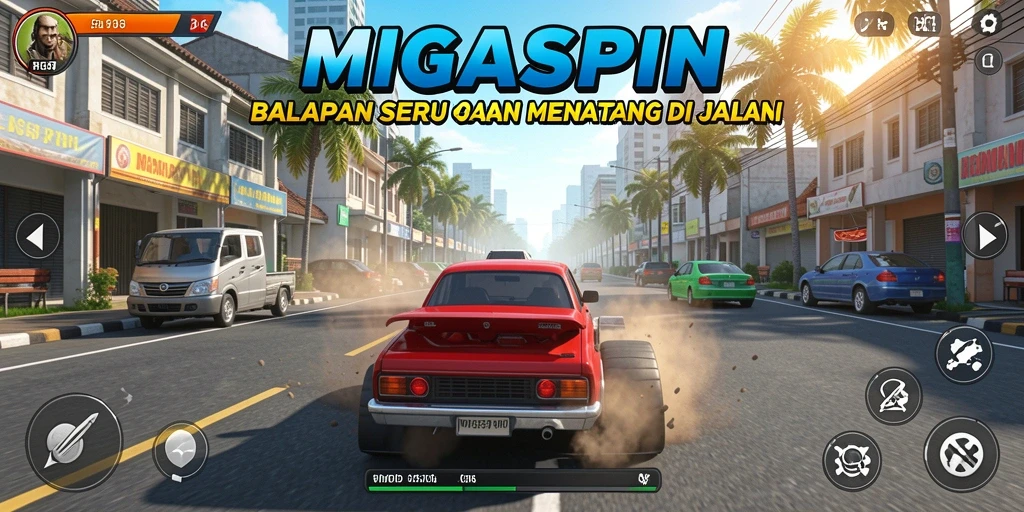 Tampilan gameplay seru di trek balap MIGASPIN yang menegangkan.