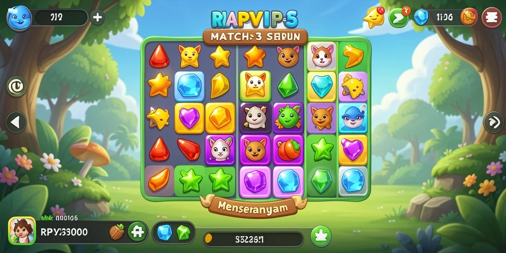 Screenshot gameplay RPVIP6 menunjukkan aksi seru mencocokkan permata.