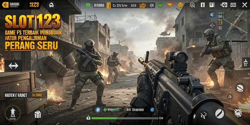 Screenshot SLOT123 menunjukkan aksi pertempuran yang mendebarkan dalam gameplay FPS.