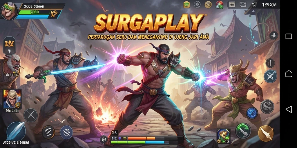 Gameplay SURGAPLAY menampilkan pertarungan seru dan karakter yang beragam.