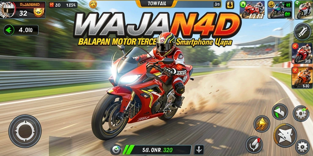 Tampilan gameplay seru WAJAN4D dengan balapan motor yang cepat.